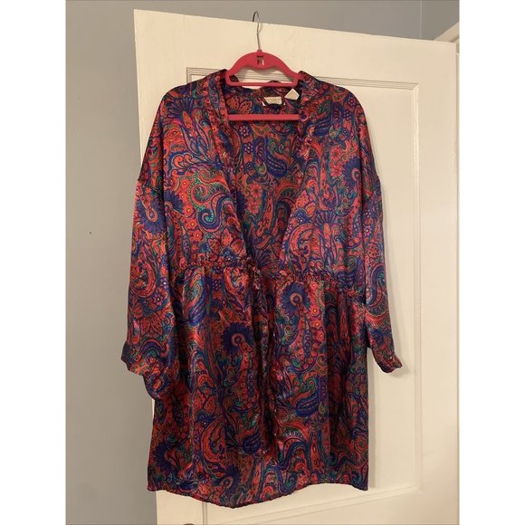 Vintage Other - Vintage Victoria's Secret Gold Label Size M/L Robe Floral Blue Satin Kimono Wrap